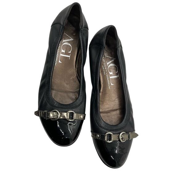 AGL Black Leather Flats with Sliver Buckle Trim Size 39 1/2 - Picture 1 of 6